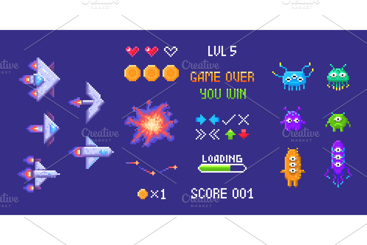 Space invader pixel game elements, an Object Illustration by art PVP - market