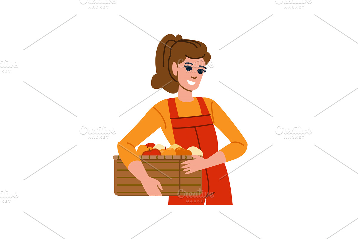 Farmer woman holding wooden box full, a Food Illustration by pikepicture