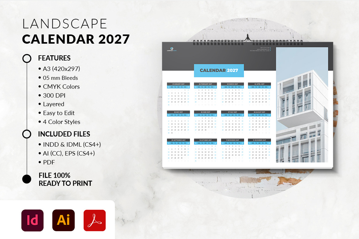 Landscape Calendar 2027 Template, a Stationery Template by MstArtwork (Photo 2 of 5)