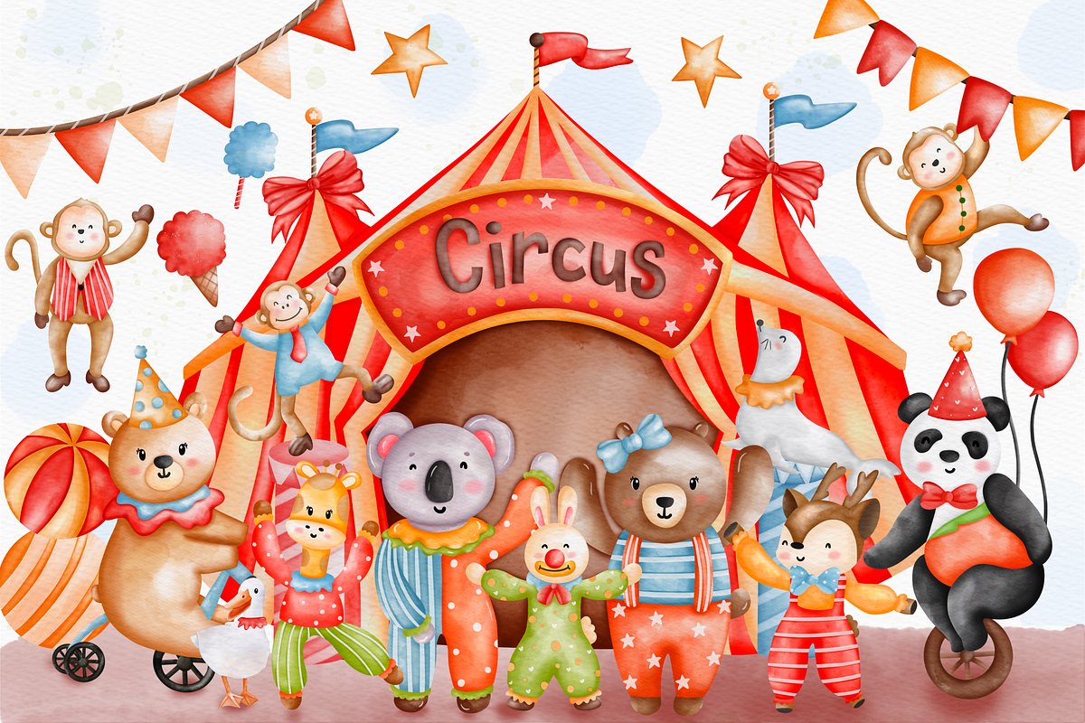 Watercolor Circus Clipart, Animals, an Animal Illustration by Apixsala