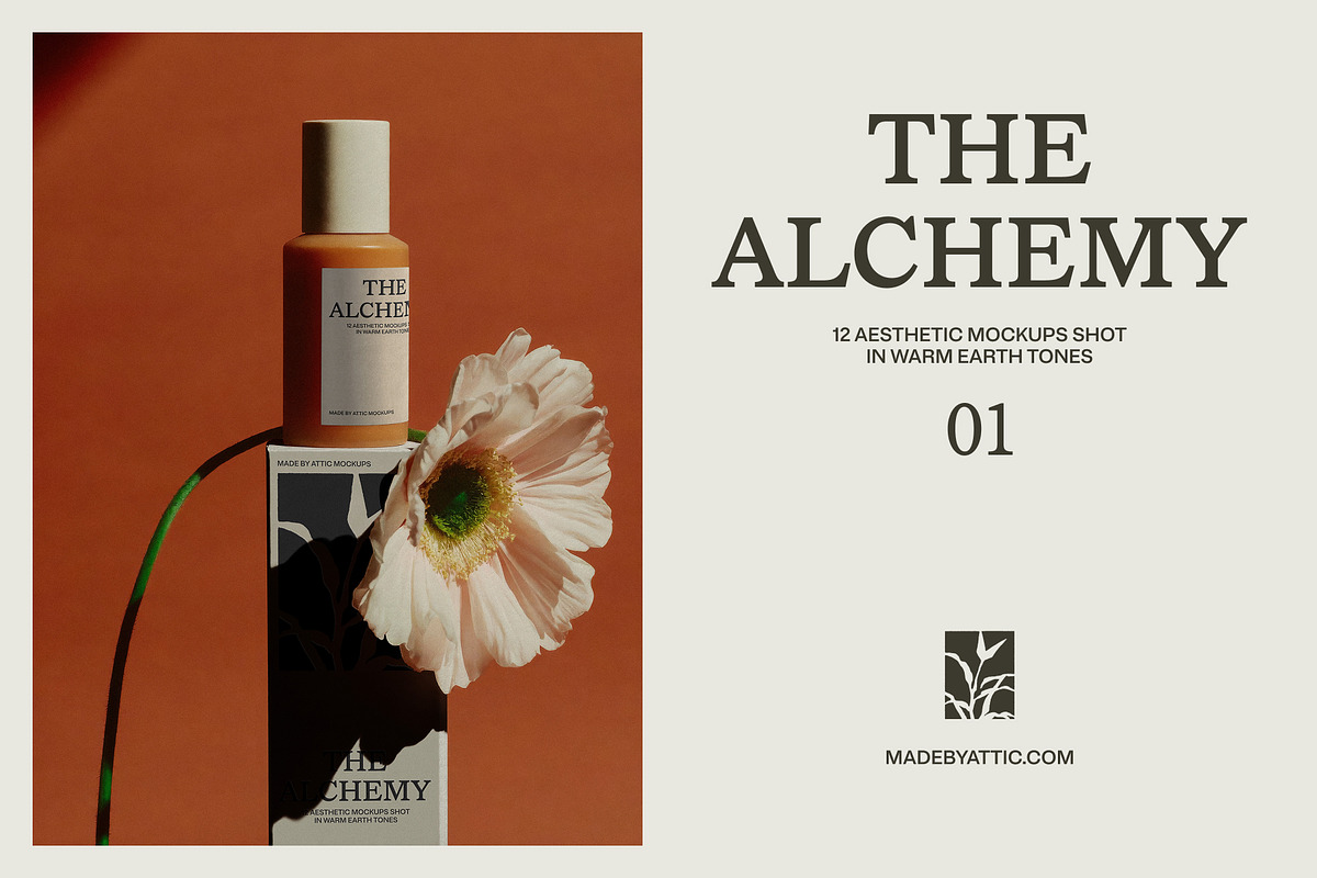 Bottle and Box Mockup PSD · 01, a Packaging Mockup by Made by Attic (Photo 1 of 3)
