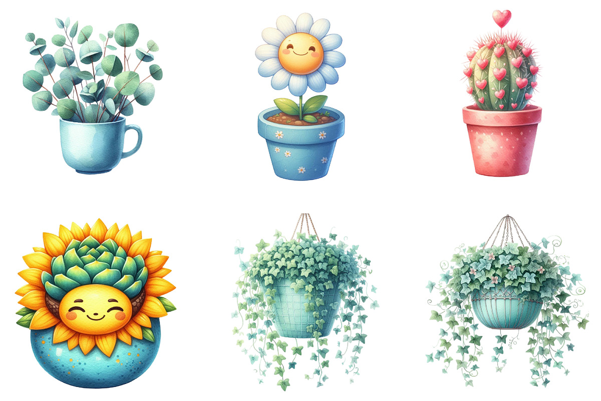 Watercolor Kawaii House Plant Clipar, an Illustration by DreamArtGraphic (Photo 3 of 5)