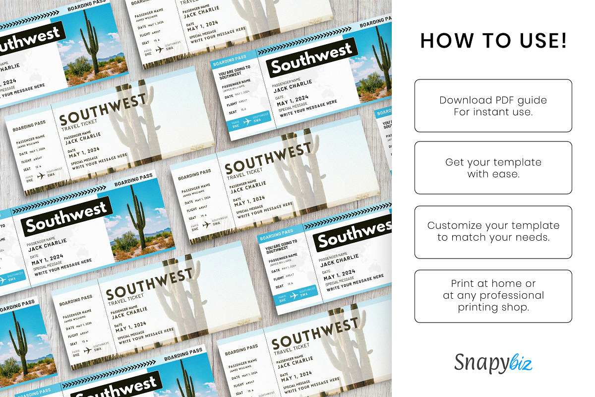 Southwest Trip Ticket Canva Template, a Card Template by Snapybiz (Photo 8 of 10)