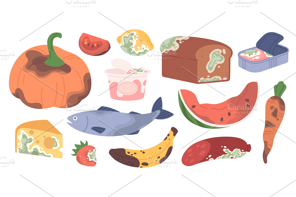 Damaged food. Cartoon expired, a Food Illustration by LadadikArt