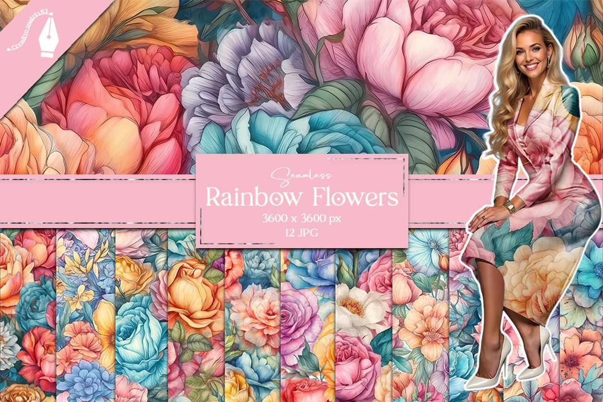 Rainbow Flowers Seamless Patterns, a Texture Graphic by Creative Matrix82 (Photo 1 of 4)