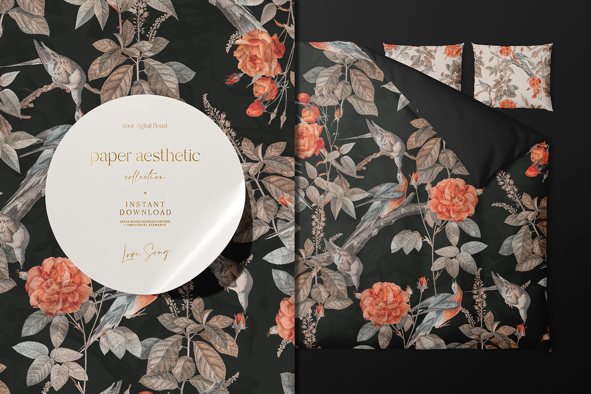 Orange Flowers and Birds Pattern, a Pattern Graphic by paper aesthetic (Photo 7 of 9)