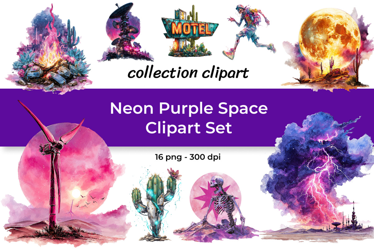 Neon Purple Space Clipart Set, a Technology Illustration by InkyQueenArt (Photo 1 of 5)