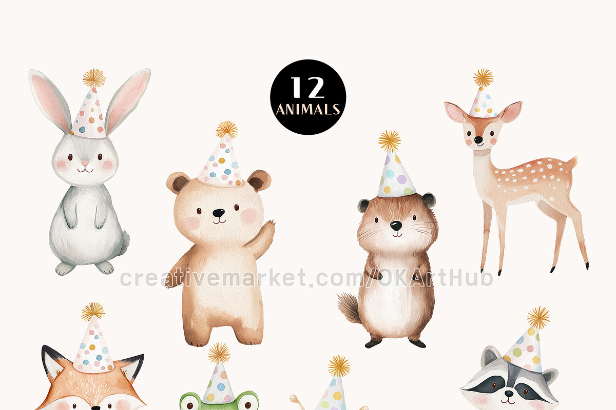 Woodland Birthday Animals Clipart, a Decorative Illustration by OKArtHub (Photo 3 of 9)