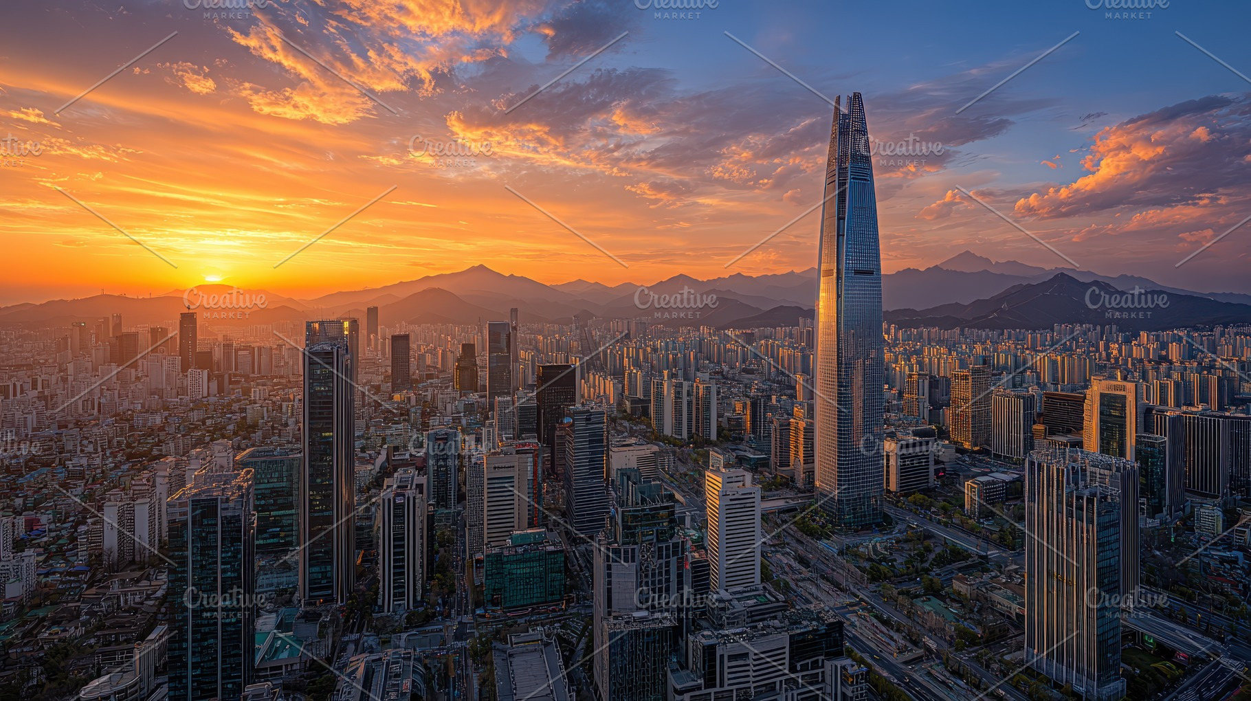 Seoul Skyline Sunset Lotte World Tow, a Photo by Pixeness Studio