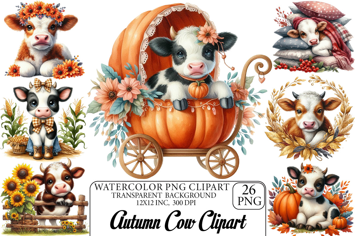Watercolor Autumn Cow Clipart, an Illustration by DreamPrint404 (Photo 1 of 6)