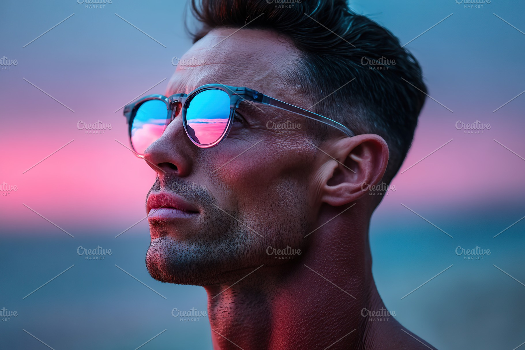 Young man wearing stylish sunglasses enjoys sunset with colorful reflections, a Person Photo by AlyaAnd