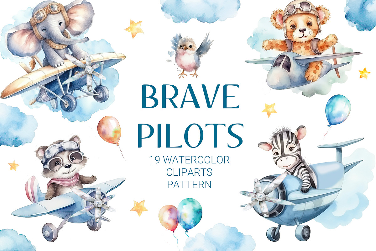 Airplane & Brave Pilots Watercolor, an Animal Illustration by AlineArtStore (Photo 1 of 4)