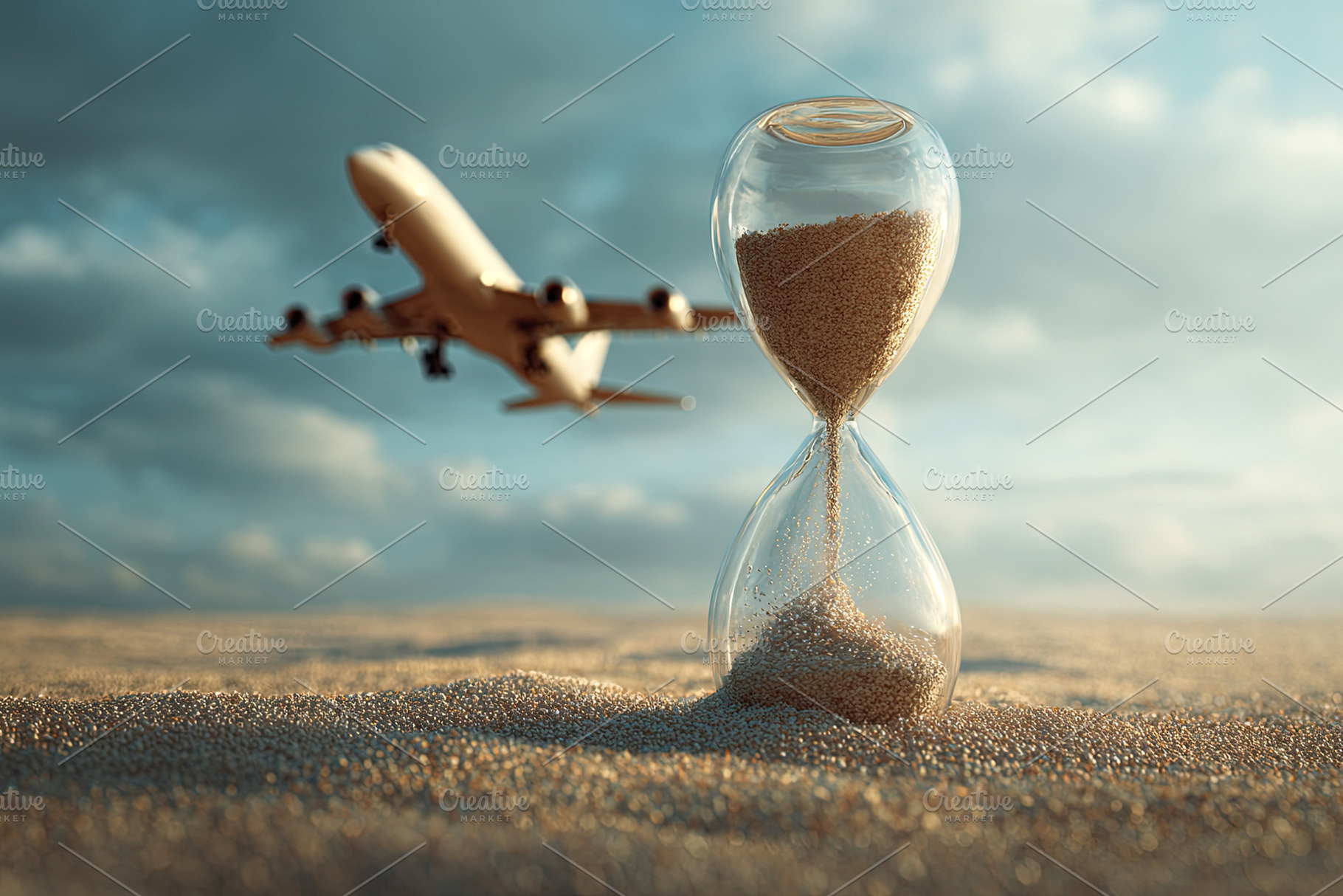 Conceptual image of an airplane taking off behind an hourglass o, a Transportation Photo by Ales Munt