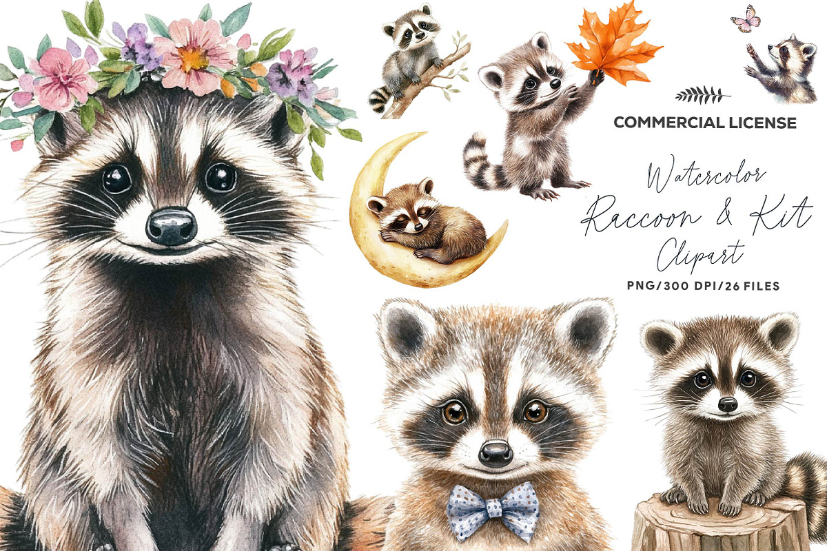 Watercolor Raccoon & Kit Clipart, an Illustration by CreationArt (Photo 1 of 5)