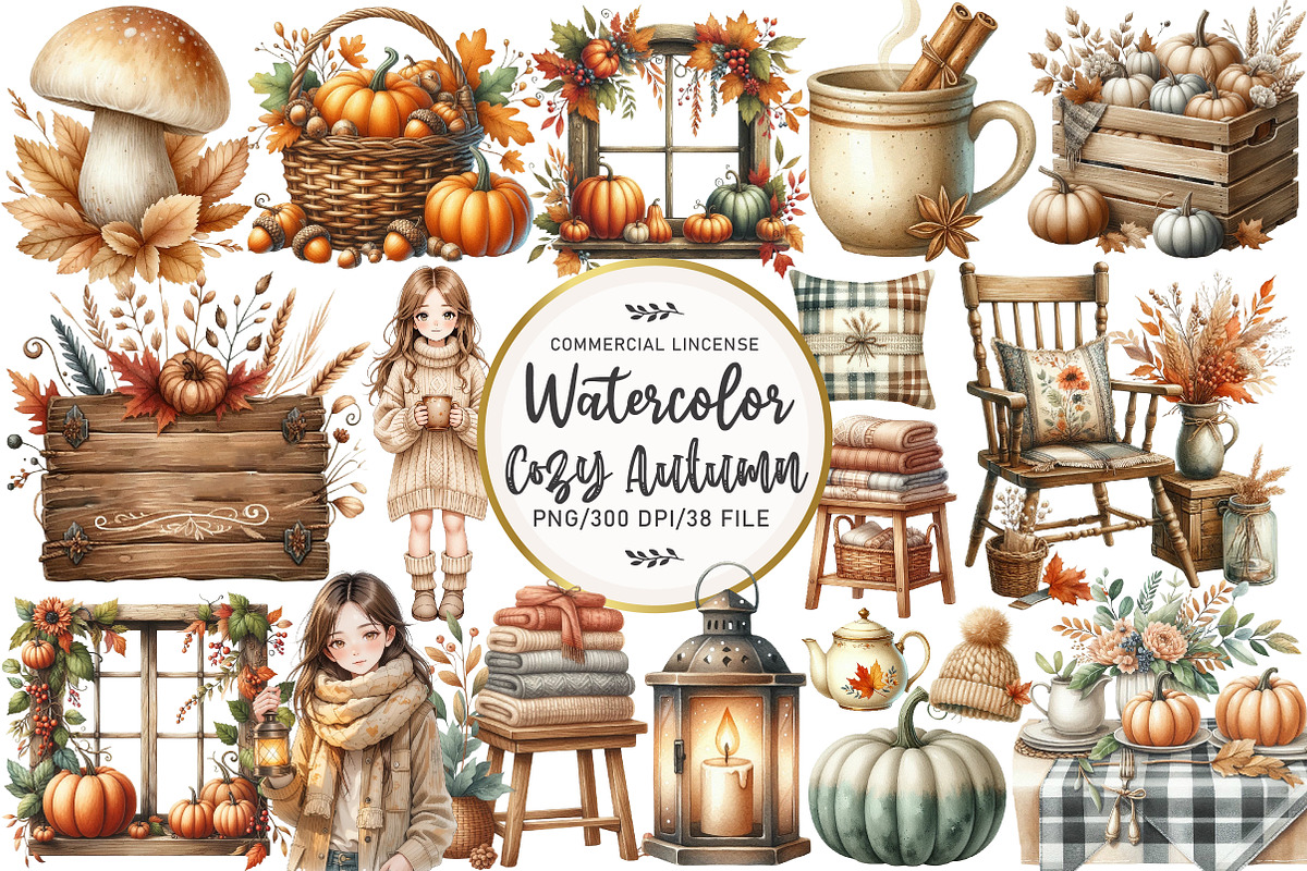 Watercolor Cozy Autumn Clipart, an Illustration by OK Design (Photo 1 of 5)