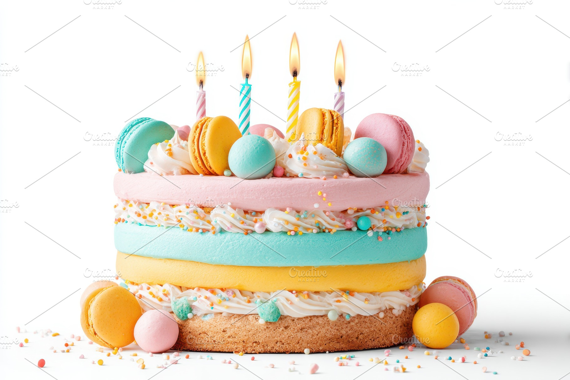 Pastel birthday cake with candles and macarons, a Food & Drink Photo by AlyaAnd