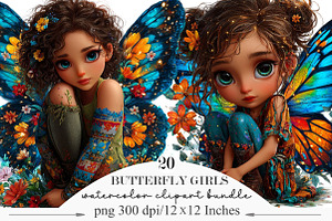 Butterfly Girls Whimsical Clipart, a Seasonal Illustration by Designking