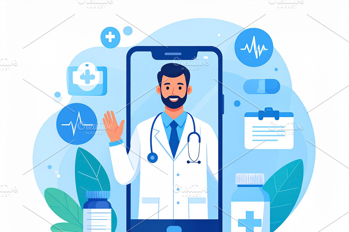 Illustration of a doctor talking to a patient via video call on, a Healthcare Illustration by DanFLCreativo