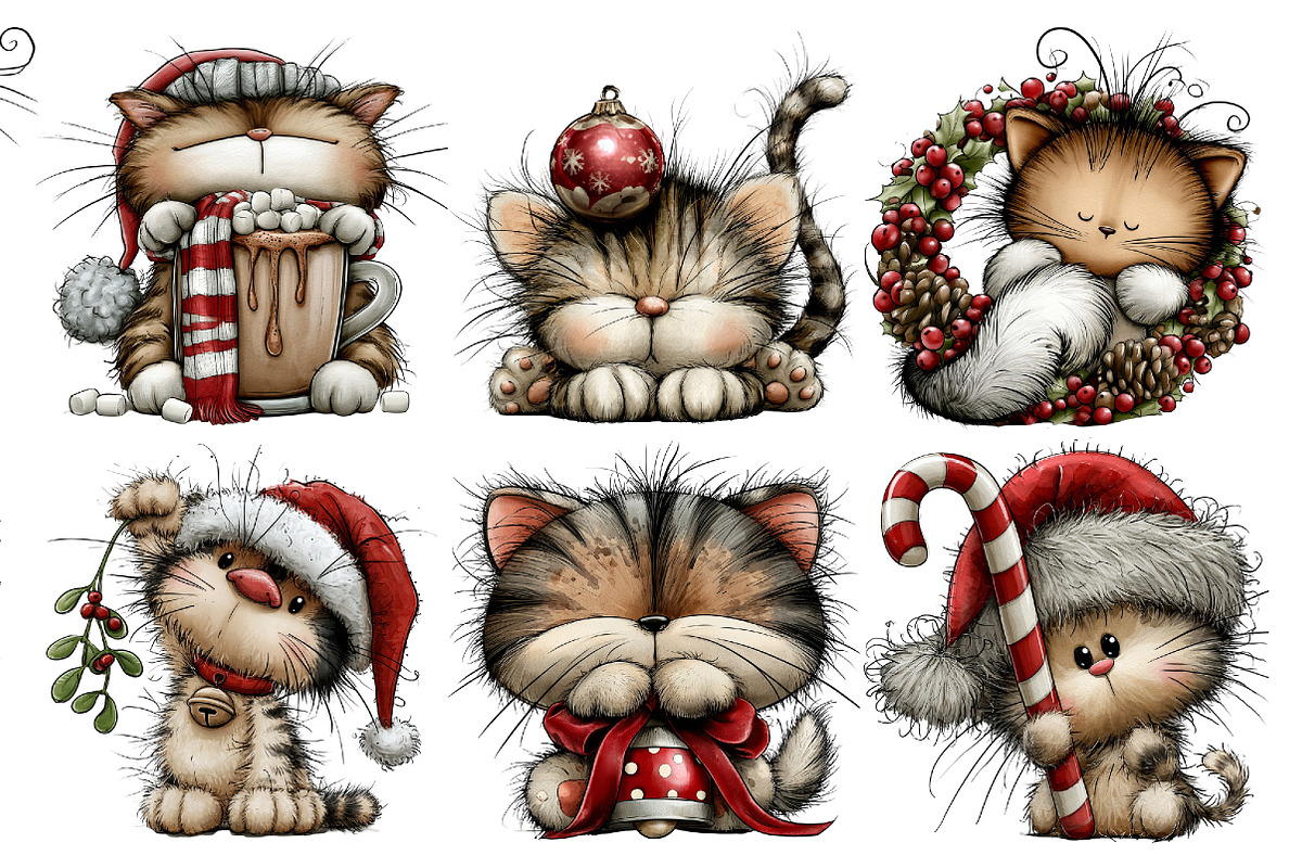 Christmas Whimsical Cat Clipart, a Seasonal Illustration by Creative Art (Photo 2 of 7)