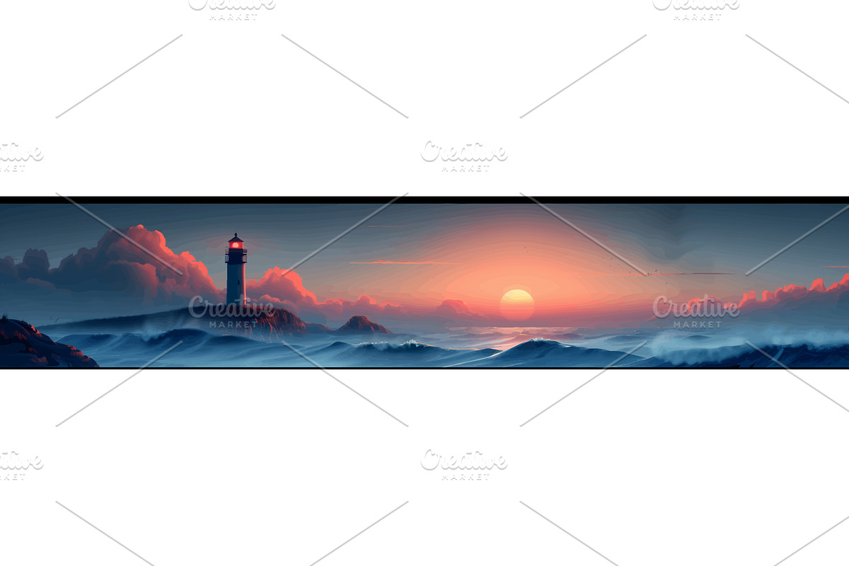 Seaside Sunset with Lighthouse and, an Illustration by AlexArt