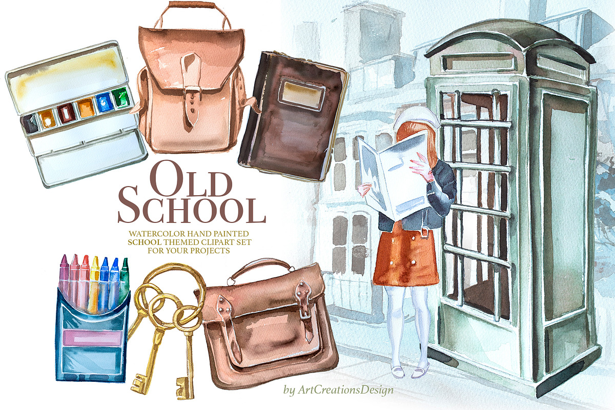 Watercolor Old School Clipart Set, a Seasonal Illustration by ArtCreationsDesign (Photo 1 of 18)