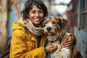 Smiling Woman Hugging Rescue Dog Outdoors, an Animal Photo by Davizro's Market