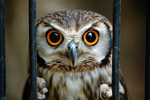 Owl behind bars looking directly at, a Photo by Iftikhar Alam