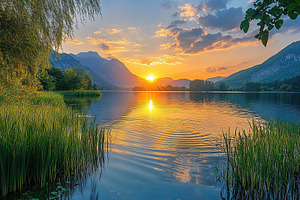 Stunning sunset over tranquil lake surrounded by mountains, a Nature Photo by AlyaAnd