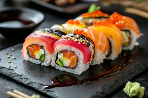 Sushi rolls featuring various fish, a Photo by Pavel_design