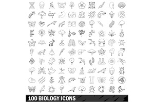 100 Biology Icons Set, Outline Style