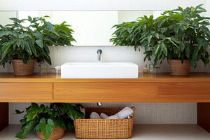 Bathroom vanity with wooden cabinets, a Photo by Dvoevnore photos