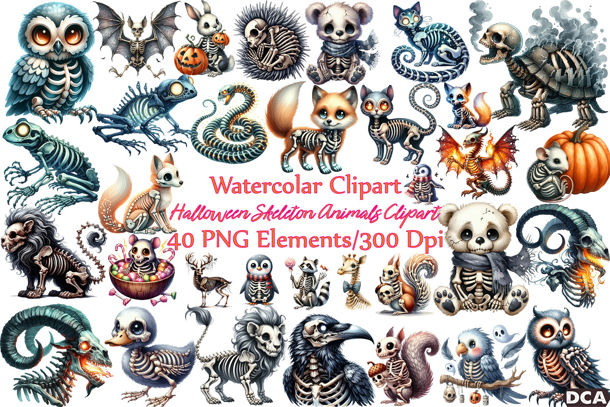 Halloween Skeleton Animals Clipart, an Illustration by DreamCafeArt (Photo 1 of 7)