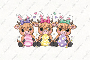 Cool Highland Cow Easter PNG, Bunny, an Illustration by CraftArtStudio