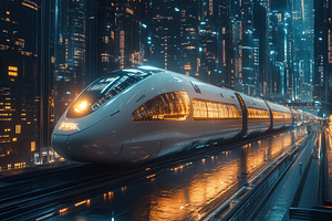 A futuristic high-speed train in a neon-lit cityscape, showcasing sleek design, a Transportation Photo by Textures & Backgrounds