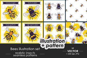 Bees set, illustrations + patterns