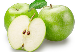 Two green apples with leaf and half, a Food & Drink Photo by Volff