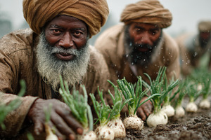 Farmers in India harvesting onions in a muddy field with traditional turbans an, a Photo by AS photostudio