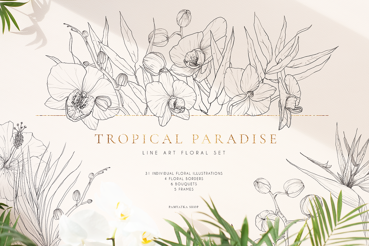 Tropical paradise. Line art set, an Illustration by Pamyatka Shop (Photo 1 of 13)