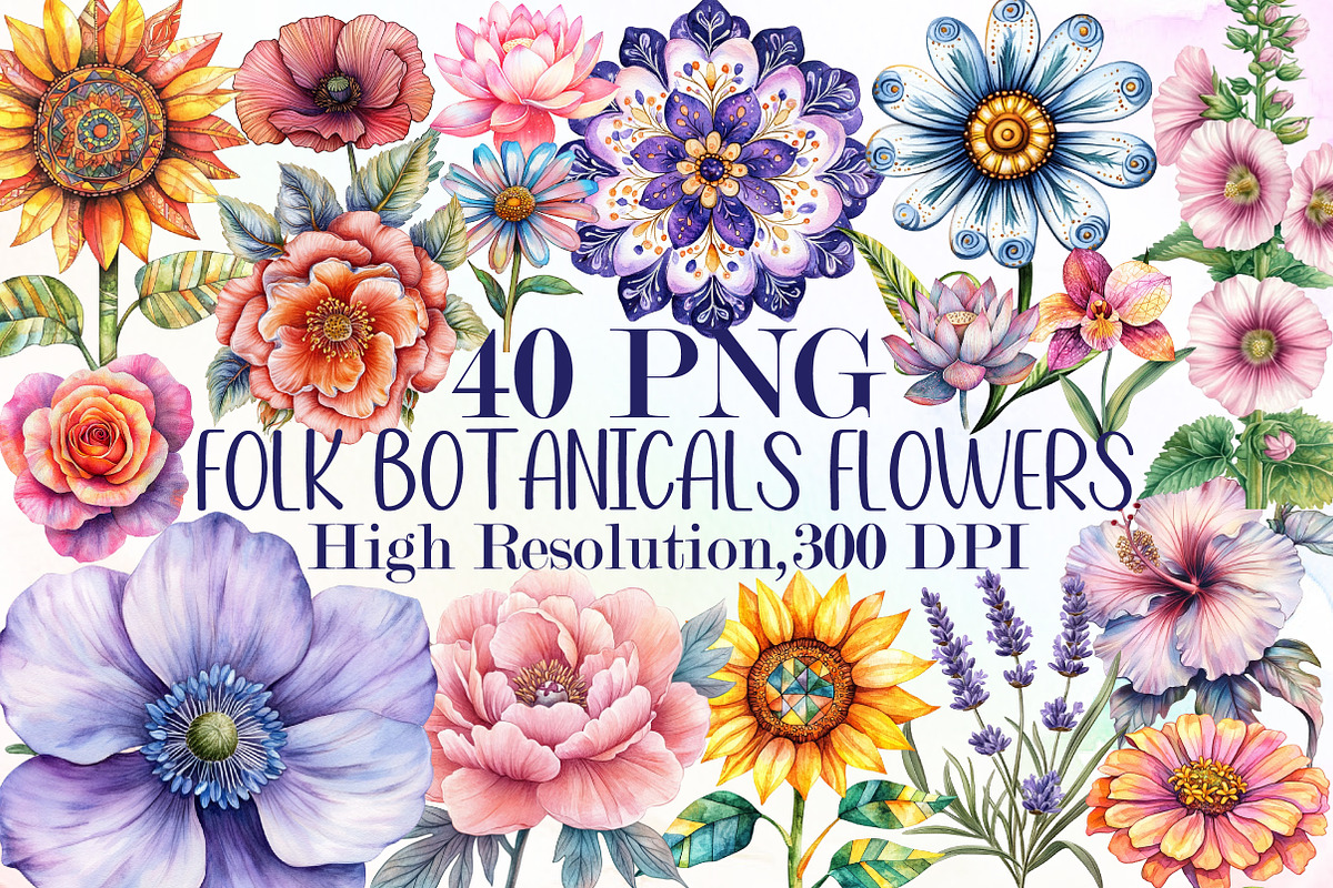 Pastel Folk Art Botanicals Flowers P, an Illustration by Sublimation Artist (Photo 1 of 6)