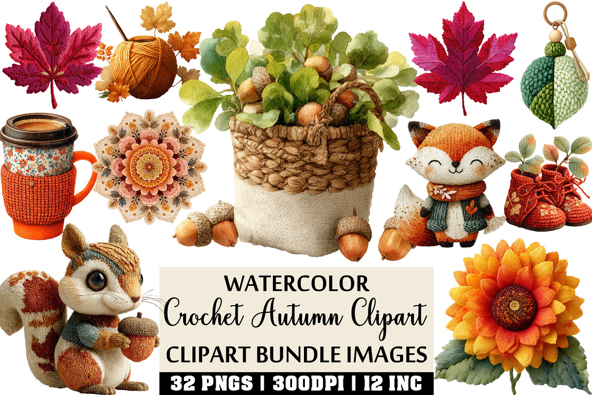 Watercolor Crochet Autumn Clipart, an Illustration by Craft Nest (Photo 1 of 4)