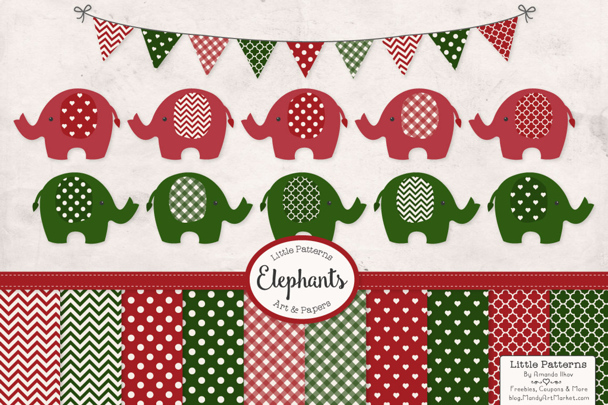 Christmas Elephant Clip Art & Papers, an Illustration by Amanda Ilkov (Photo 1 of 3)