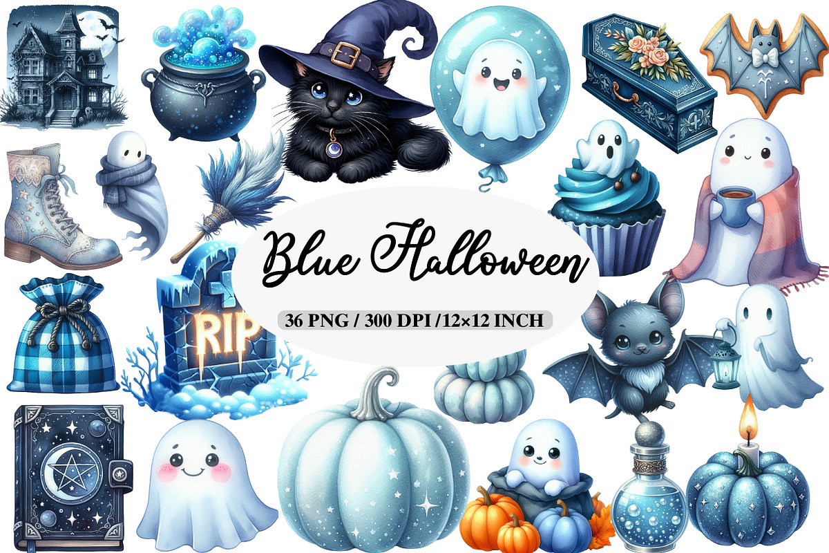 Watercolor Blue Halloween Clipart, an Illustration by Daily.Designs (Photo 1 of 5)