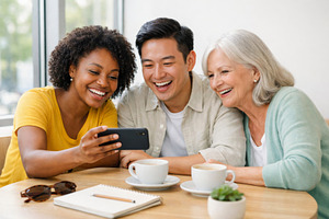 Three friends smiling while looking, a Photo by Dvoevnore photos