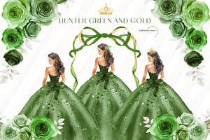 Hunter Green Gold Princess Clipart, an Illustration by Sunflower Day Love