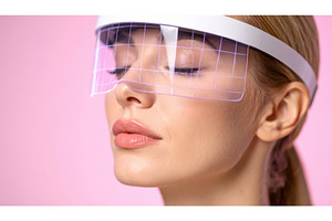 A woman with a futuristic grid visor, a Technology Photo by Igor Tichonow