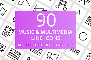 90 Music & Multimedia Line Icons