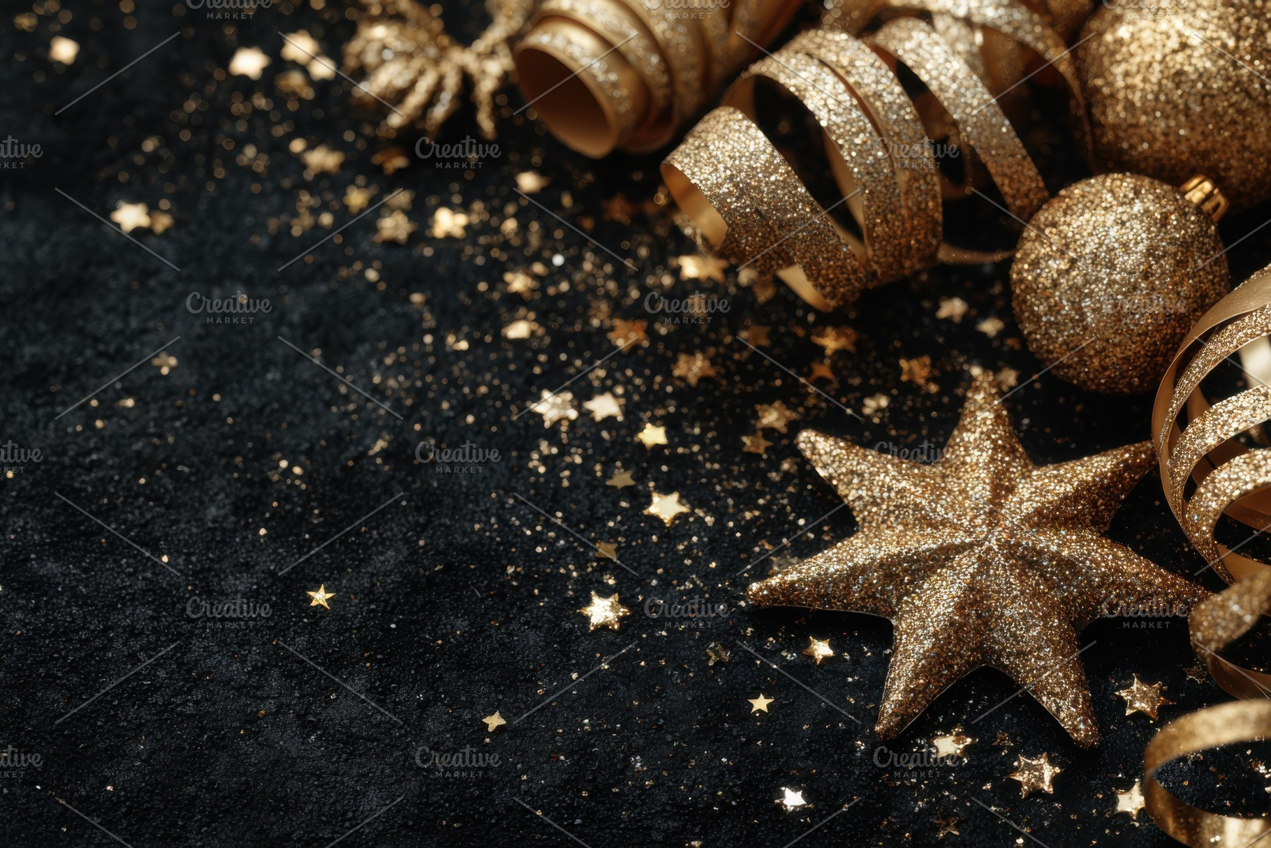 Gold Christmas ornaments and confett, a Photo by Pixeness Studio