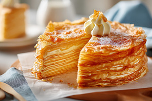 Delicious layered pastry dessert with cream filling, a Food & Drink Photo by AlyaAnd