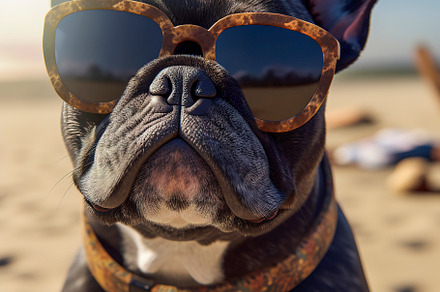 Bulldog dog sitting on the sand at, an Animal Photo by huertas19