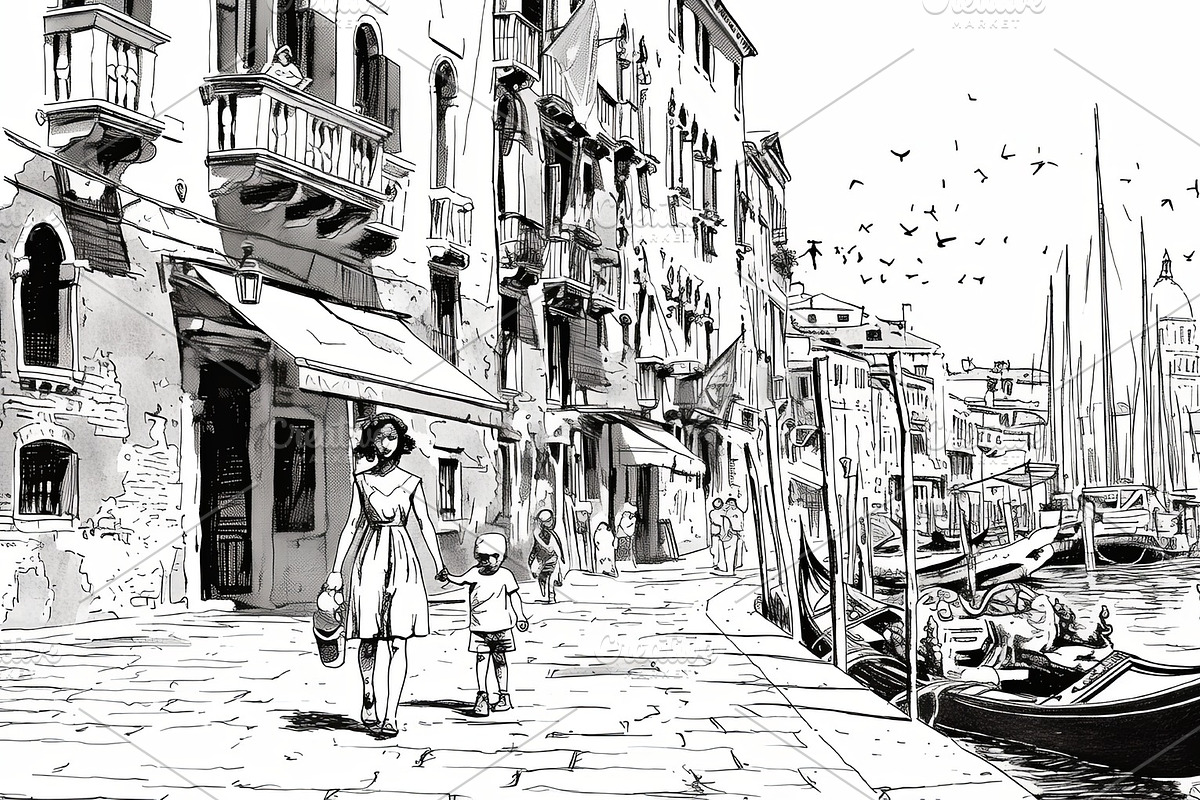Illustrated cityscape with people strolling near boats in a serene urban canal, an Illustration by AS photostudio